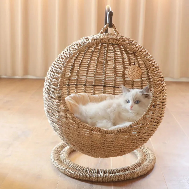 Semi-Enclosed Pet Hammock Cat Bed Cat Cage round Cat Hanging Pet Bed Basket Rattan Summer Hammock